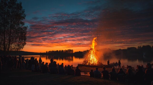 Midnight Bonfire Celebration by the Tranquil Lake Under the Ethereal Glow of the Setting Sun