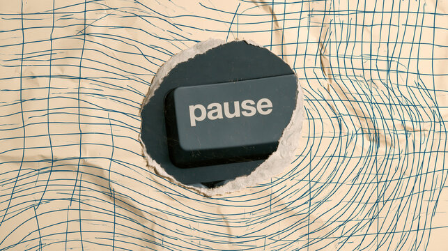 Black Pause Button Icon Placed Over Concentric Topographic Map Contour Lines on Cream Paper Background