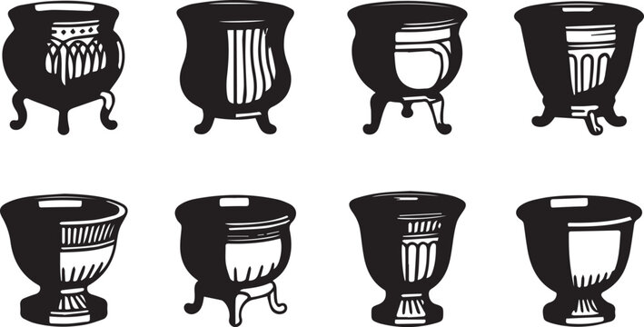 Collection of eight black and white cauldron illustrations on white background