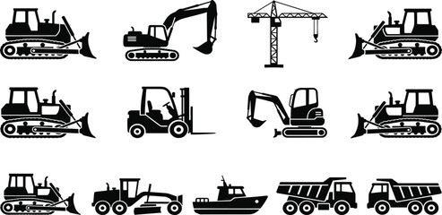 Construction heavy machinery silhouette vector set, excavator bulldozer dump truck icons, industrial building equipment graphics, forklift crane isolated black illustrations, © MDMISTER