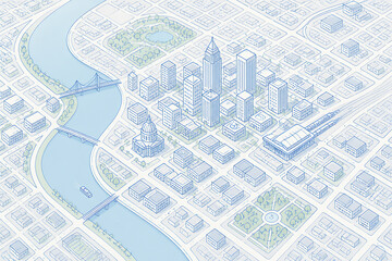 Fototapeta premium A stylized, blueprint-like illustration of a city layout featuring buildings, streets, and a river with bridges.