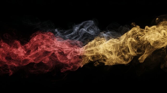 Abstract Flowing Smoke Layers in Black, Red, and Gold Colors Creating a Dynamic Visual Effect