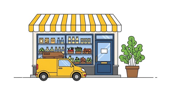 Cartoon illustration of a small shop with awning, produce, and a delivery van