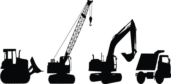 Construction heavy machinery silhouette vector set, excavator crawler crane dump truck, bulldozer engineering building equipment, isolated black machine illustrations,