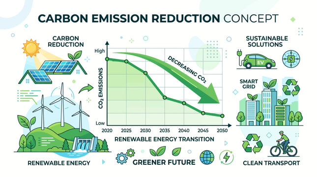 Infographic showing carbon emission reduction concept with line graph, solar panels, wind turbines, electric vehicle, green city, leaves, and eco-friendly icons on a white background.