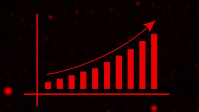 Motion animated footage of statistics bar growth with upward arrow - finance bar graph rising up, profit growth chart, positive increase chart, arrows axis, and business blank background 4k video