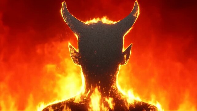 Fiery silhouette of horned figure emerging from flames in dramatic scene