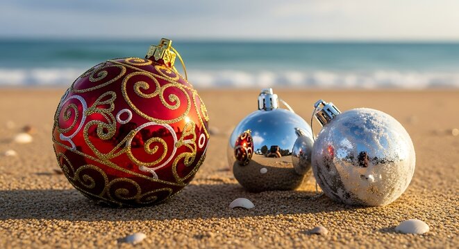 Christmas ornaments on sandy beach with calm ocean in background, sunny day