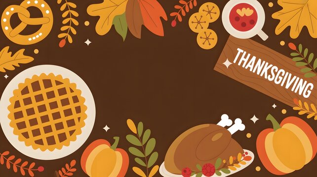 Thanksgiving dinner frame with turkey pumpkin pie and autumn leaves on a dark brown background