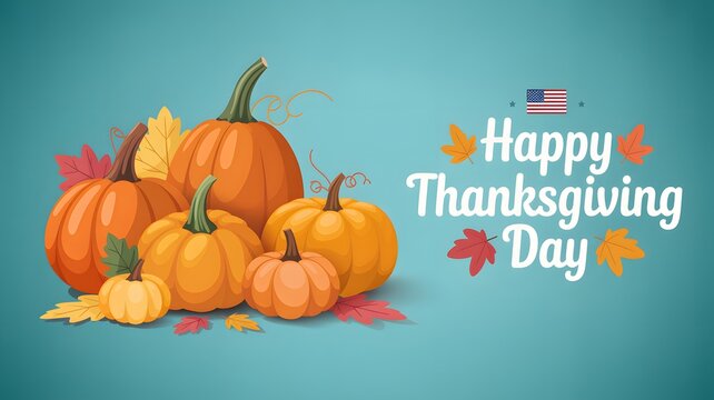 Happy thanksgiving day greeting card with pumpkins and colorful autumn leaves on blue background