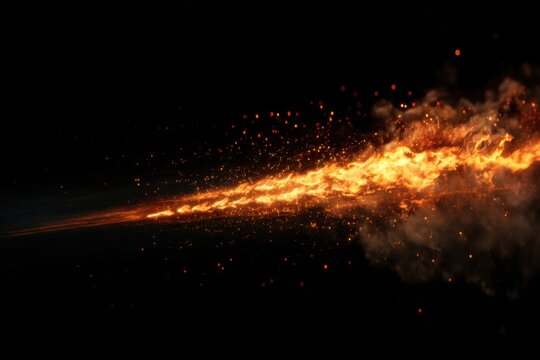 Dynamic trail of blazing fire and glowing sparks streaking through dark space creating a powerful and intense visual explosion effect with smoke and embers