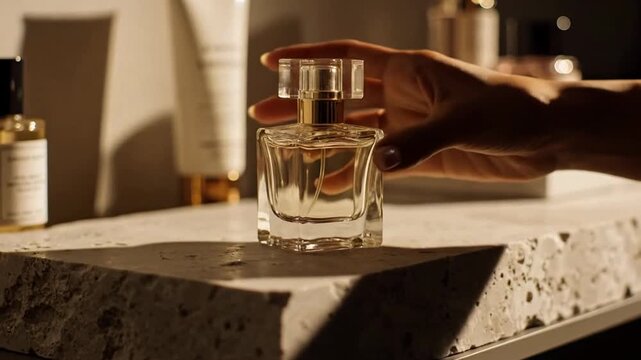 Hand reaching for a glass perfume bottle on a stone vanity in warm sunlight, calm intimate mood, ideal for beauty branding and lifestyle editorial