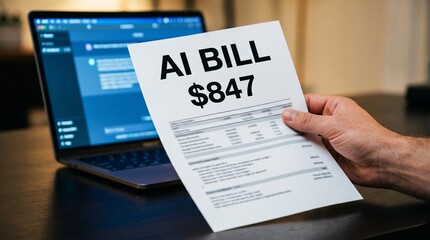 Obraz premium Man reviewing monthly AI chatbot usage bill at laptop