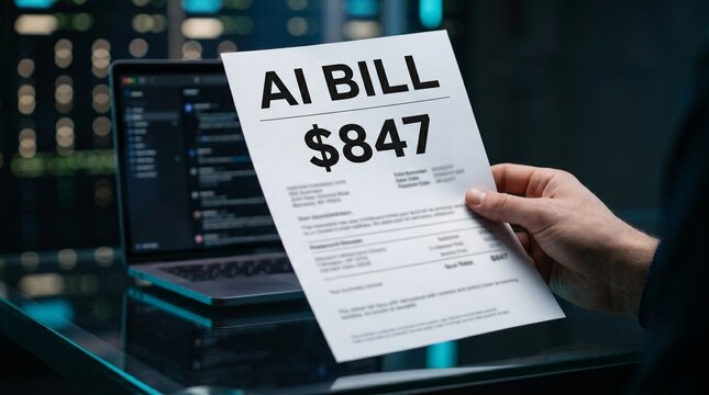 Developer reviewing AI API usage bill beside code terminal