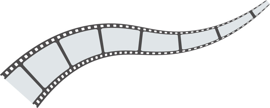 Curved Film Strip Frame with Flexible Cinema Reel and Blank Photo Frames. Realistic Wavy Movie Negative Design Features Perforated Edges and Smooth Motion. Vector Illustration Element for Photography 