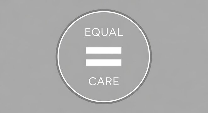 Equal care text with equals symbol inside circular frame on solid grey neutral studio backdrop.