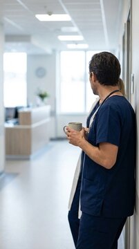 male nurse in blue scrubs holding coffee cup, standing in bright hospital corridor and looking away, calm break time mood, healthcare workplace routine