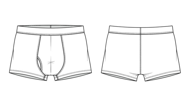 Flat Technical Sketch of Men's Boxer Shorts in Front and Back Views, isolated white background