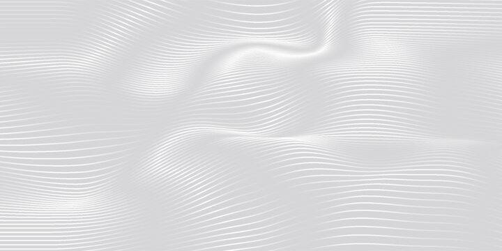 Abstract metallic wavy lines background. Shiny metallic striped surface. Abstract futuristic silver white architectural background. Modern design with wavy pattern.