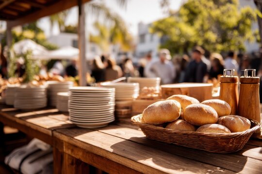 Outdoor buffet setup with warm freshly baked bread rolls in a basket and stacked plates on rustic wooden table during a sunny day event gathering