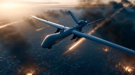 Naklejka premium Military drone flying during bombardment over cityscape