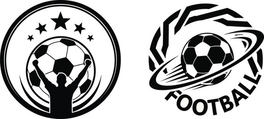Black football logos with soccer ball and player silhouettes © shammi