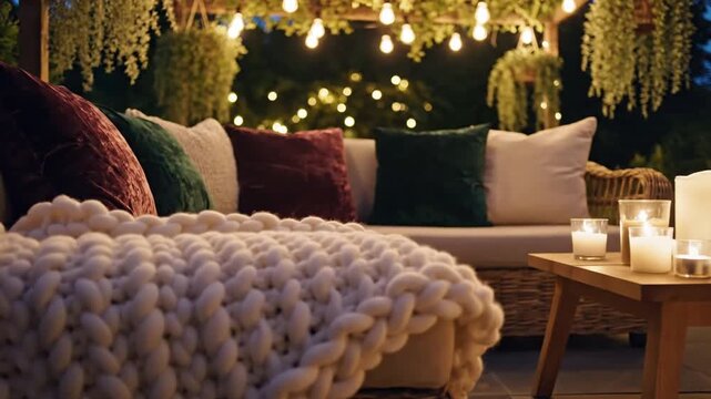 Cozy outdoor terrace at night with wicker sofa chunky knit blanket candles and glowing string lights