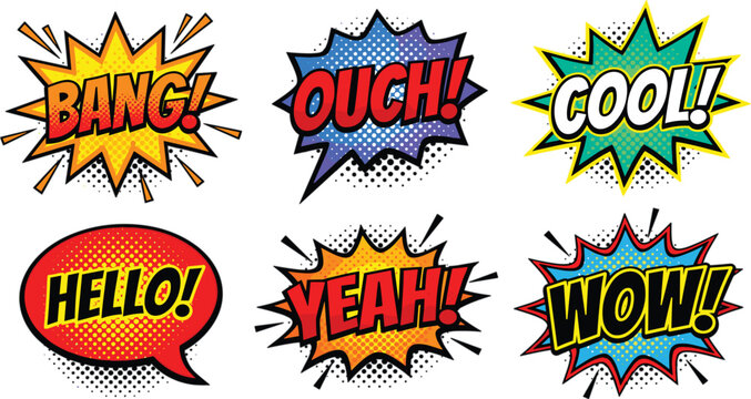Colorful Retro Pop Art Comic Speech Bubble Sticker Set with Onomatopoeia Sound Effects and Halftone Dots Texture for Graphic Designs and Web Graphics