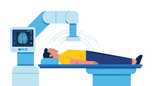 magnetic resonance imaging scan procedure in hospital radiology department with patient undergoing diagnostic medical examination vector illustration