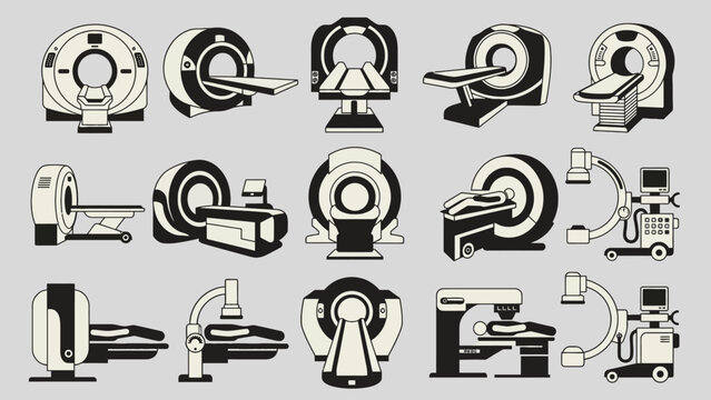 Extensive set of medical diagnostic equipment icons, showcasing advanced imaging technology including modern MRI, CT, and specialized xray machine devices for comprehensive healthcare visualization