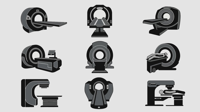 Collection of various xray machine designs and medical equipment icons, representing diagnostic imaging technology and healthcare innovation