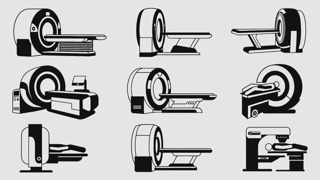 Collection of medical MRI scanner and X-ray machine illustrations for diagnostic imaging and healthcare technology