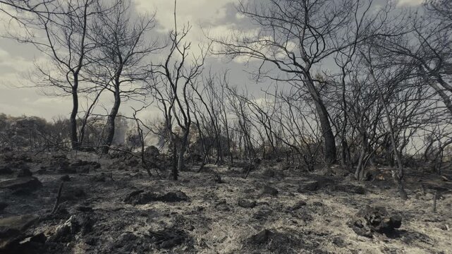Charred landscape with bare trees and burnt underbrush remains
