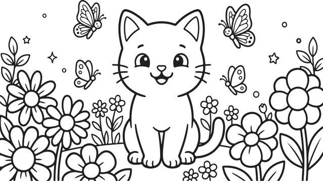 Cute kitten with flowers and butterflies coloring page isolated on transparent background