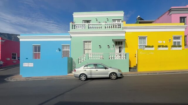 Colorful Houses and Parked Car in Cape Town's Bo-Kaap Neighborhood. South Africa.