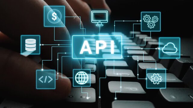 Hands on Keyboard with Digital Icons Representing API Integration, Technology, Cloud Solutions, Financial Services, and Data Management Concepts. Entropy.