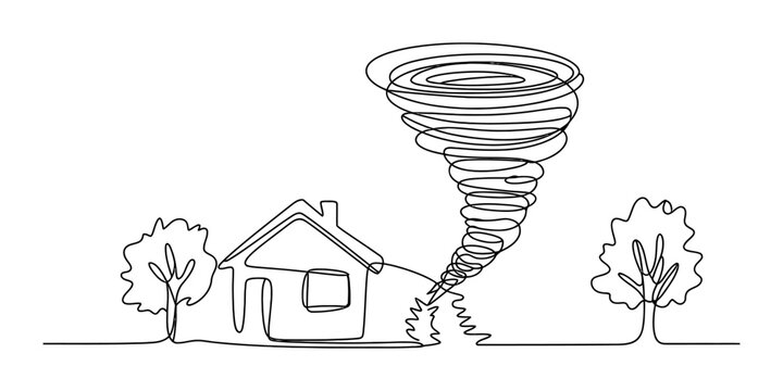 Continuous single line drawing of a big tornado hitting a small house with trees on both sides showing a natural disaster weather event and storm damage concept Vector, illustration