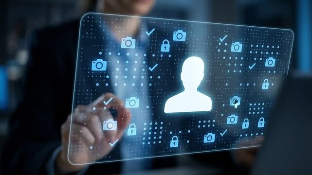 Biometric Face Recognition Concept: Glowing Identity Verification Scanner with Security Icons Over Blurred Businessman