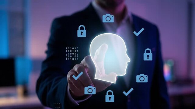 Biometric Face Recognition Concept: Glowing Identity Verification Scanner with Security Icons Over Blurred Businessman