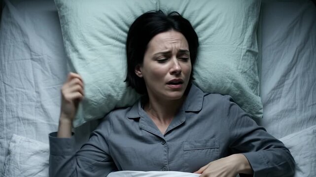 A woman in grey pajamas tosses on a green pillow, clenching her fists in distress. Her painful grimaces convey a clear visual message of vivid nightmares and restless sleep.