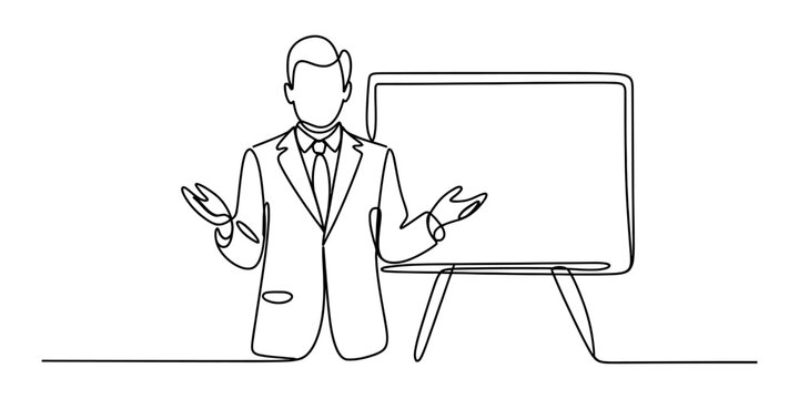 Continuous single line drawing of a businessman in a suit standing next to a whiteboard and giving a professional business presentation to an audience Vector, illustration