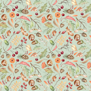 Colorful and rich, cottagecore autumn pattern with oak leaves, acorns, berries, calendula flowers, cherries, chestnuts, pinecones, and twigs. Watercolor hand-drawn elements on green background