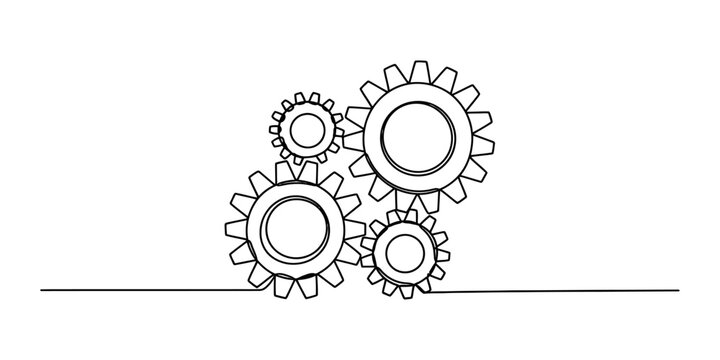 Continuous single line drawing of four mechanical gear wheels working together as a symbol of teamwork connection and industrial engineering technology concept Vector, illustration