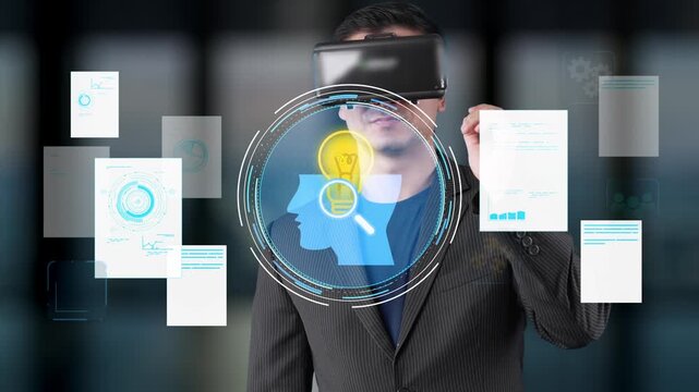 Businessman Using Virtual Reality Headset Surrounded by Data Visualizations and Infographics in Modern Office Environment. Entropy.