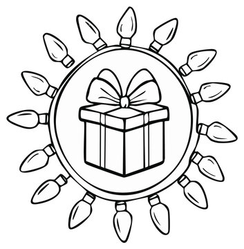 Christmas gift box illustration surrounded by string lights, holiday design