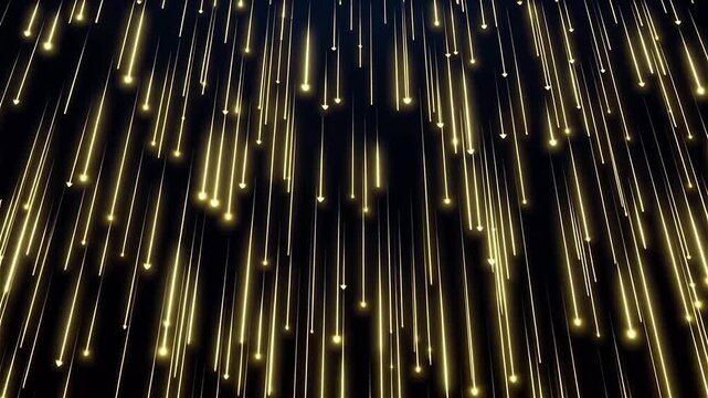 Abstract golden matrix code light rain loop with vertical falling glowing lines / lluvia de l&iacute;neas de ne&oacute;n doradas