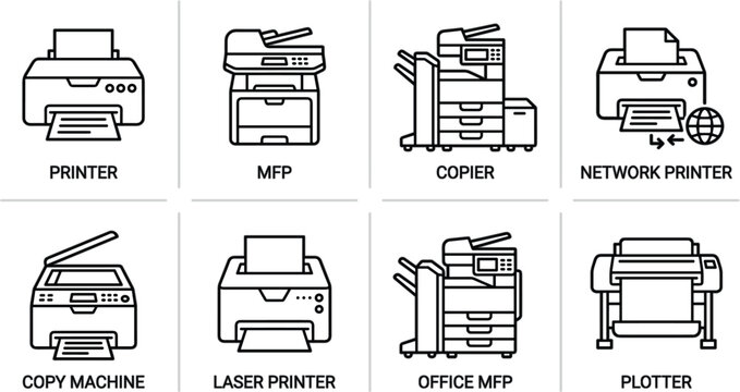 Office Printer and Copier Line Icon Set Featuring Laser Printing, Multifunction MFP Devices, Network Printers, and Plotter Machines for Tech Support Layouts