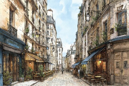 Hand-drawn Paris street scene with caf&Atilde;&copy; terraces and warm watercolor wash