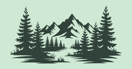 Obraz premium Forest And Mountain Silhouette Against Pale Green Setting