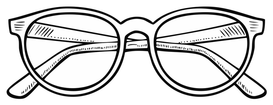 Eyeglasses illustration, black and white sketch, retro style, eyewear graphic.